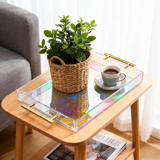 Acrylic Serving Tray with Handles Large Ottoman Food Decorative Tray for Coffee Table Tea Fruit Snack Kitchen Bar Platter, 17x13’’, Iridescent Rainbow