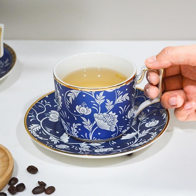 ACMLIFE Bone China Tea Cups and Saucers Set of 4, 6.8 oz Blue and White Tea Cups Set of 4, with Gold Trim and Gift Box (Blue-4)