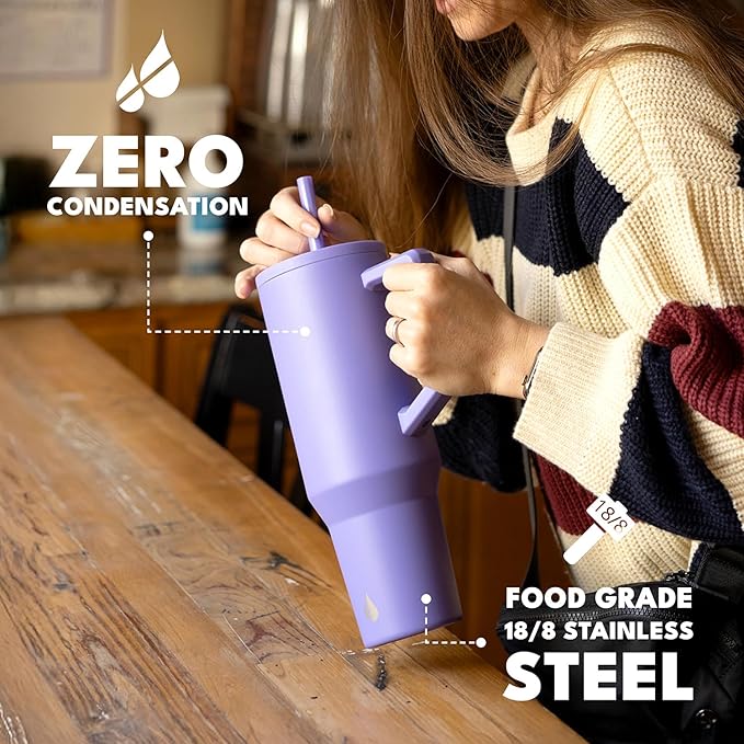 Elemental 40 oz Tumbler with Handle and Straw - Spill Proof Insulated Stainless Steel Commuter for Hot and Cold Beverages - Travel Coffee Mug with 2 Straws & Spill Proof Lid - 40oz - Lavender