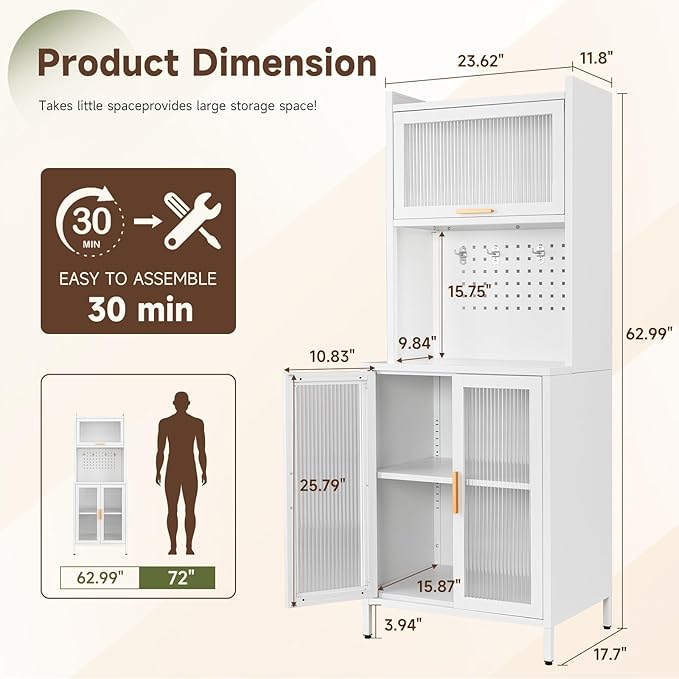 Letaya Metal Kitchen Pantry Cabinet,72.6" Tall Kitchen Bakers Rack with Storage, Coffee Hutch with countertop,Metal Microwave Stand with Glass Doors for Dining Room, Laundry, Hallway,White
