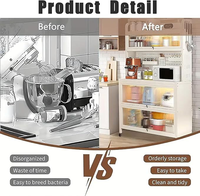 Bakers Rack with Wheels, 5-Tier Coffee Bar with Wheels, Microwave Stand with Storage, Kitchen Shelves for Kitchen Pantry, Storage Room, White
