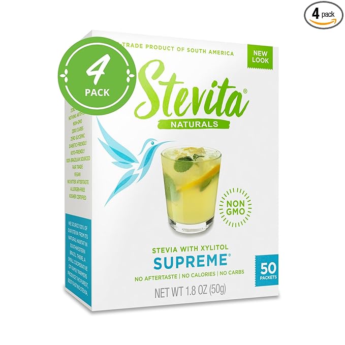 Stevita Stevia with Xylitol Supreme - 50 Packets, Pack of 4 - All-Natural Sweetener, No Calories - Non-GMO, Vegan, Kosher, Keto, Paleo, Gluten Free, Erythritol-free - 200 Total Servings