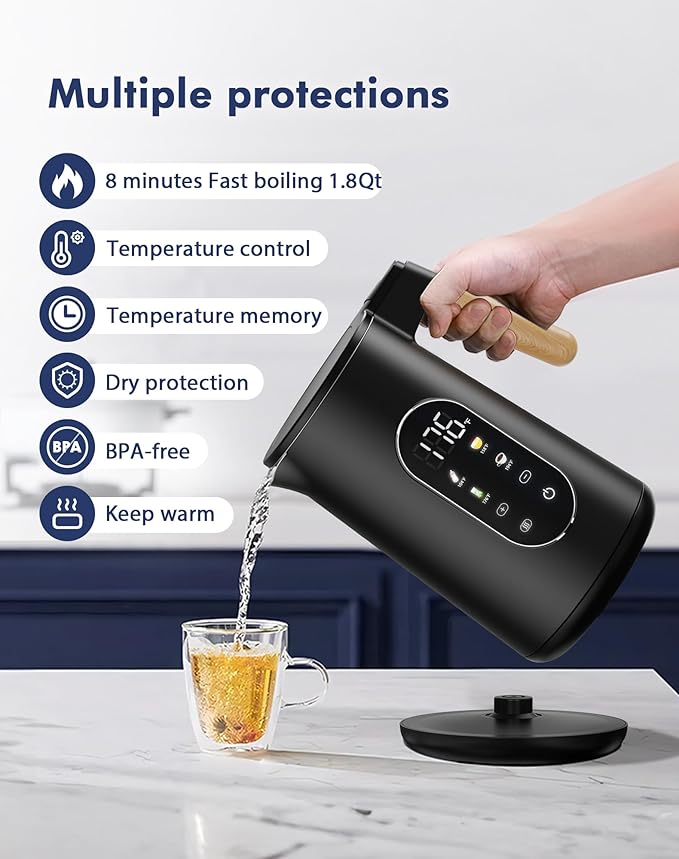 1.7L Electric Kettle with 4 Temperature Presets, Digital Display, Water Boiler with 304 Stainless Steel, Electric Tea Kettle Temperature Control