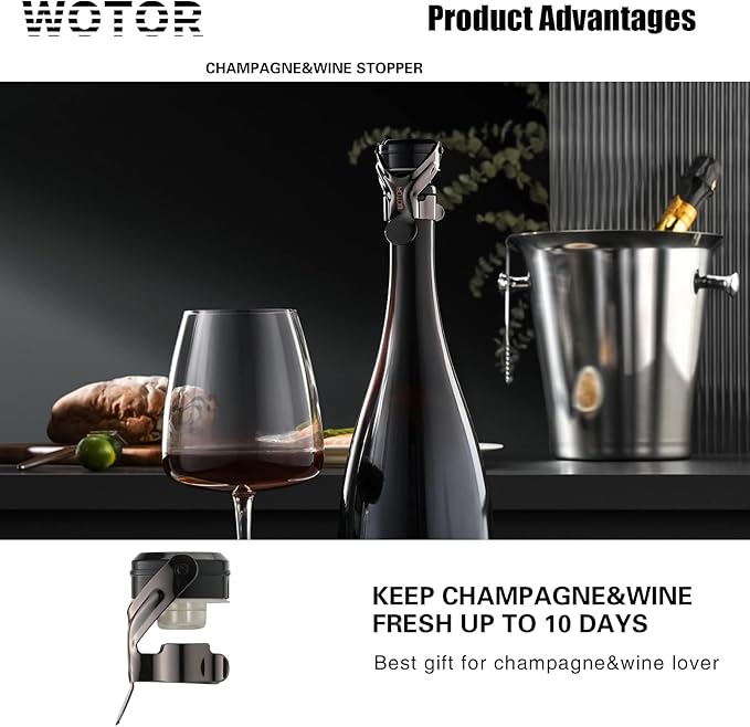 WOTOR Champagne&Wine Bottle Stoppers Stainless Steel with Food Grade Silicone, Leak Proof Keep Fresh Reusable Saver, Cork Suitable for Wine, Champagne, Cava, Prosecco and Sparkling (2 Pack Black）