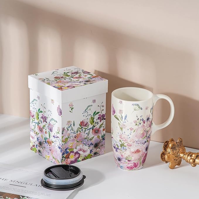 Topadorn Ceramic Coffee Mug for Home & Office, 17oz. Porcelain Latte Travel Cup with Lid and Color Box, Pink Flower Art Tea Mug with Handle, 6.5" H