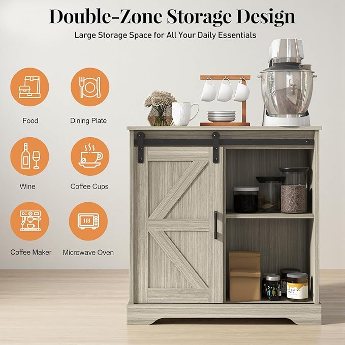 Panana Sliding Barn Door Buffet Sideboard Storage Cabinet Coffee Bar Kitchen Farmhouse Style (Oak)