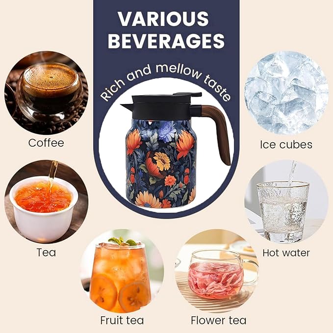 Vintage Pattern Coffee Carafes, 35 Oz/1 Liter - Hot and Cold with Infuser, Perfect for Parties/Home Use (Blooming Flowers)
