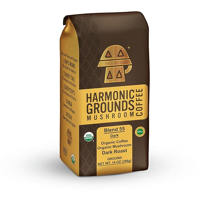 Harmonic Grounds Dark Roast Mushroom Coffee | Organic Ground Coffee with Functional Mushrooms | Lion’s Mane, Reishi, Chaga, Cordyceps, Turkey Tail | Fruiting Body Only | 14 oz Bag