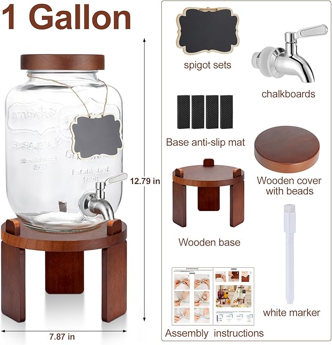 1 Gallon Drink Dispenser for Parties,Glass Beverage Dispenser with Stand,Water Dispenser with 18/8 Stainless Steel Spigot,Lemonade Stand Dispenser for Fridge,Juice,Punch,Cocktails,Ice Tea & Sun Tea