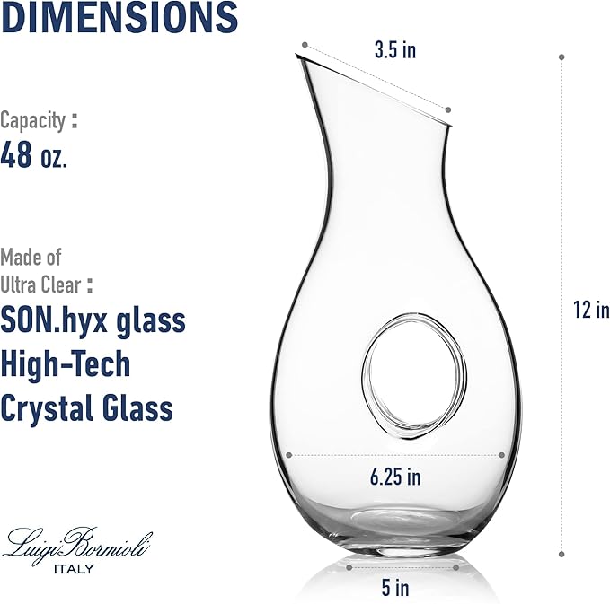 Luigi Bormioli Crescendo 48 Ounce Carafe, Crystal Glass Pitchers, Dishwasher Safe Decanter, Made In Italy