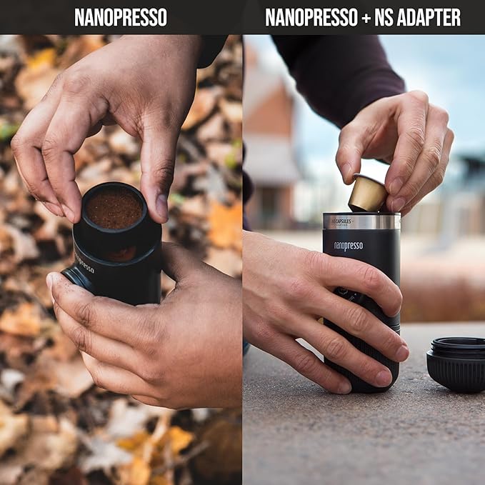 WACACO Nanopresso Portable Espresso Maker Bundled with NS Adapter, Compatible with NS Capsules and Ground Coffee, Compact Size 2.44"x2.8"x6.65", Manually Travel Coffee Machine Set, Perfect for Camping