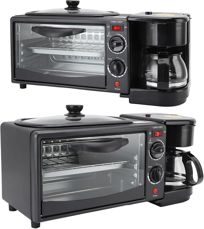 3-in-1 Breakfast Station with Coffee Maker, 4-Slice Toaster Oven, Non-Stick Griddle, 110V