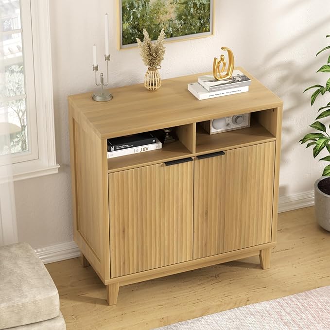 Set of 2 Fluted Sideboard Cabinet with Wavy Fluted Door Panel, Solid Wood Leg & Adjustable Shelf, Quality MDF Storage Cabinet for Entryway, Living Room, Dining Room, 15.7"D x 31.5"W x 32.3"H