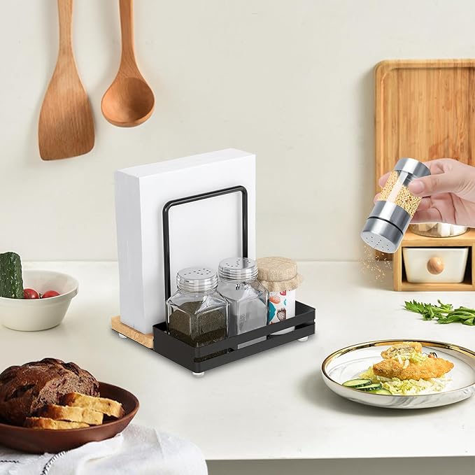 Napkin Holder, Wood Metal Napkin Holder for Table with Salt and Pepper Shakers Caddy, Standing Paper Napkin Dispenser for Kitchen Dining Countertop Decor, Wood & Metal Base, Black
