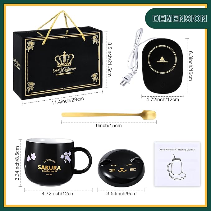 Honeydak Coffee Mug Warmer Cute Cat Mug Set Cup Warmer for Desk for Women Heated Coffee Warmer for Mom Home Office Christmas Birthday Gifts(Black)
