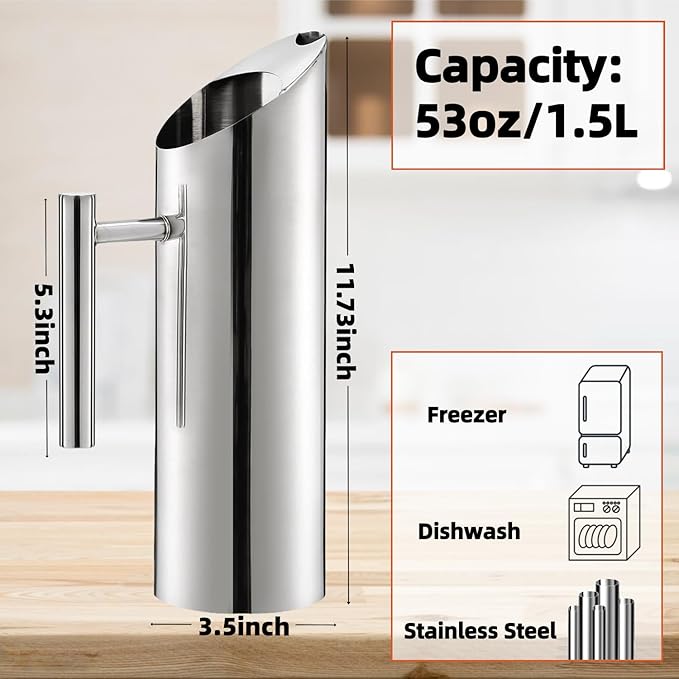 53oz/1.5L Stainless Steel Water Pitcher, Modern Metal Kettle with Ice Guard, Silver Carafe Drink Pitcher with Handle, Straight Bottle Beverage Container for Iced/Hot Tea, Juice, Coffee, Milk