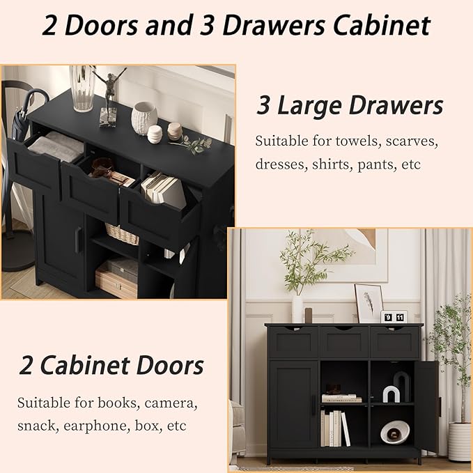 Sideboard Floor Storage Cabinet - Wooden Storage Organizer with 2 Doors and 3 Drawers, Free Standing Accent Buffet Cabinet with Adjustable Shelves for Living Room, Bedroom.Bathroom (Black)