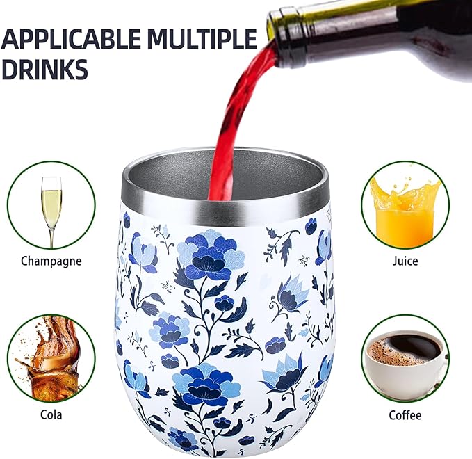 12 oz Insulated Wine Tumbler with Lid and Straw,Stainless Steel Stemless Wine Tumbler Glasses Double Wall Vacuum Wine Cups Tumbler Bulk for Coffee,Cocktail,Office (Blue and White Porcelain,4)