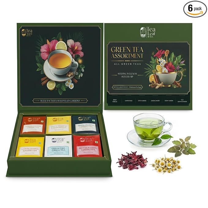 Tea Leaf & Co. 6 Pack Premium Green Tea Bags Gift Combo Box (Tulsi Ashwagandha, Lemon Ginger, Detox Kahwa, Honey Lemon, Sweet Hibiscus & Green Chamomile) - 8Oz