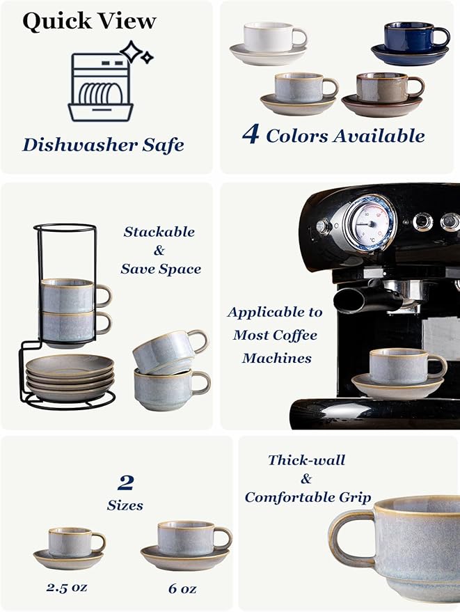 Gomakren 6 Ounce Cappuccino Cups with Saucers and Metal Stand, Stackable Coffee Cup Set of 4, Christmas Porcelain Espresso Cups for Coffee Drinks, Cappuccino, Latte, Americano, Tea, Gray