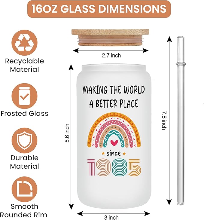 Vivulla68 40th Birthday Gifts Women Men - 40 Year Old Gifts For Her Him - 40th Birthday Ideas - 1985 Birthday Gift - Turning Forty - Forty Birthday Frosted Glass With Lid And Straw
