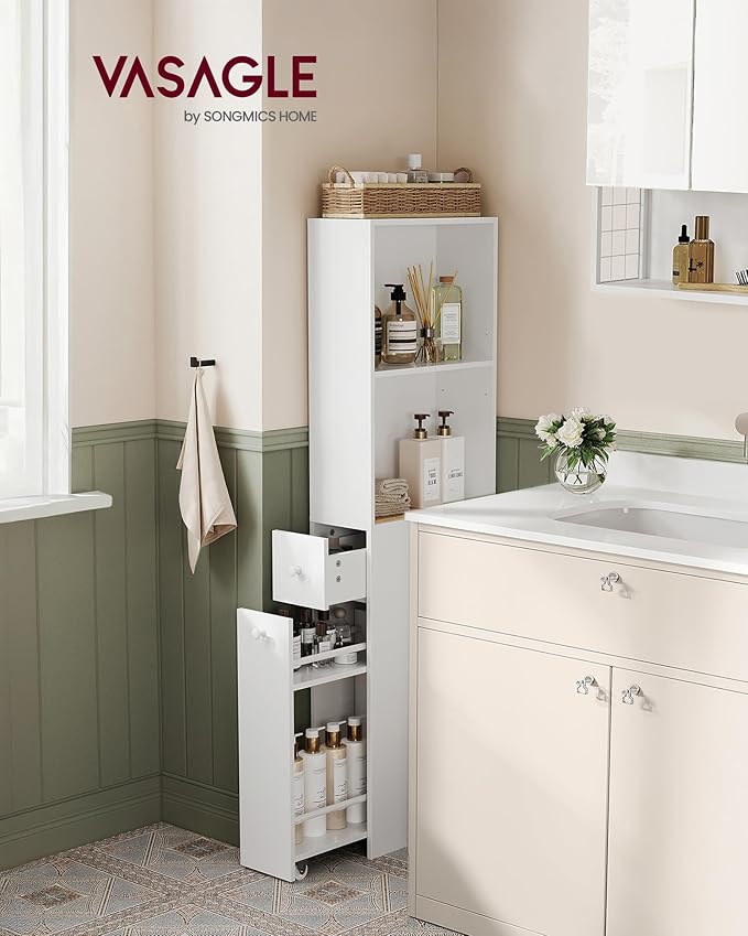 VASAGLE Slim Storage Cabinet, Narrow Freestanding Cabinet with Drawers and Adjustable Shelf, Modern Linen Tower for Living Room Bathroom Bedroom, White UBBK567T14