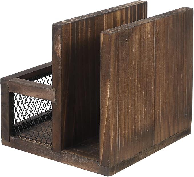 FARM IN Napkin Holder, Farmhouse Multifunctional Napkin Holder with Salt and Pepper Shakers Holder for Home Kitchen Table Centerpiece and Commercial, Rustic Solid Burnt Wood & Diamond Metal Wire Mesh
