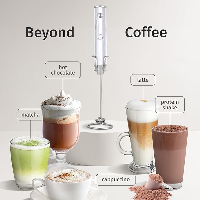 Zulay Kitchen Lux Electric Milk Frother Rechargeable Handheld - Powerful 2-Speed Motor, Waterproof, 2000mAh Battery - Drink Mixer for Latte, Cappuccino, Matcha & Protein Powder - White Marble