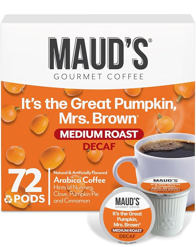 Maud's Decaf Pumpkin Spice Flavored Coffee Pods, 72 ct, Medium Roast Flavored Coffee in Recyclable Single Serve Pods – 100% Arabica Beans, Compatible with Keurig K Cups Maker