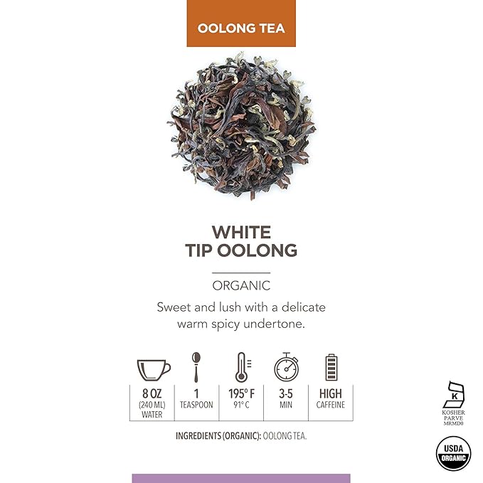 Teabloom Organic White Tip Oolong Loose Leaf Tea, Sweet and Lush with a Delicate Warm Spicy Undertone, USDA Certified Organic and Kosher, 3.53 oz. /100 g Canister Makes 35-50 Cups