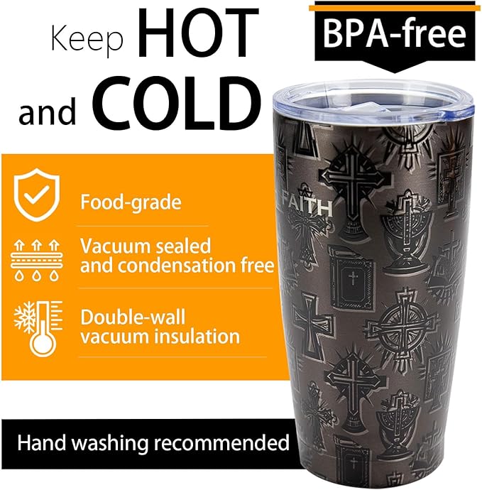 20oz Stainless Steel Double Insulated Tumbler | Christian Cross & Faith Design, Leak-Proof Travel Mug Cup for Hot/Cold Drinks, Ideal Pastor Appreciation/Catholic/Religious/Inspirational Gift