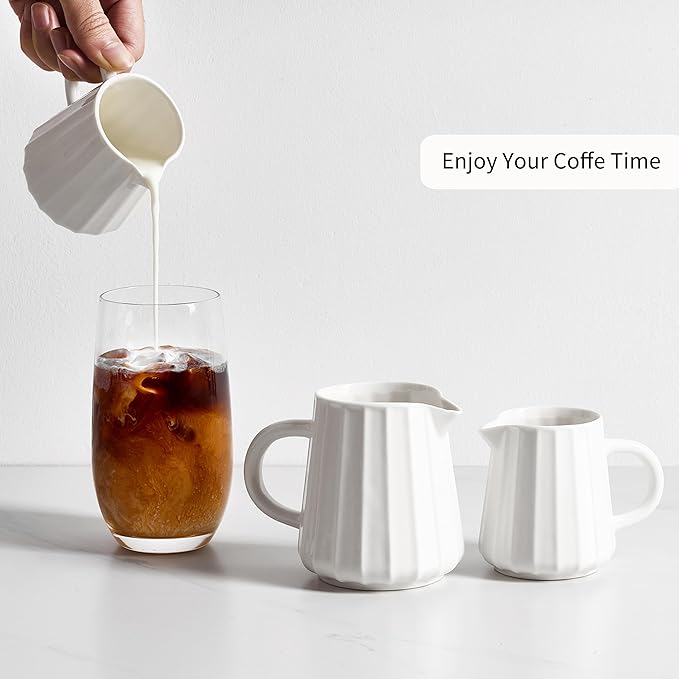 Gurygo Wave Shaped 2 Pack 5 Oz Classic White Creamer with Handle - Small Ceramic Creamer Pitcher Set - Fine Porcelain Small Milk Pitcher for Coffee Milk Sauces Salad, Microwave Safe