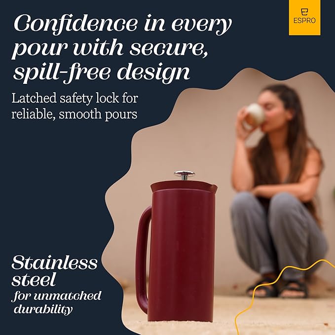 ESPRO P7 French Press Stainless Steel 304 – Patented Double Walled Micro-Filter Insulated French Press Coffee Maker, Grit-Free Brew - Heat Resistant BPA Free - Cranberry (18oz)