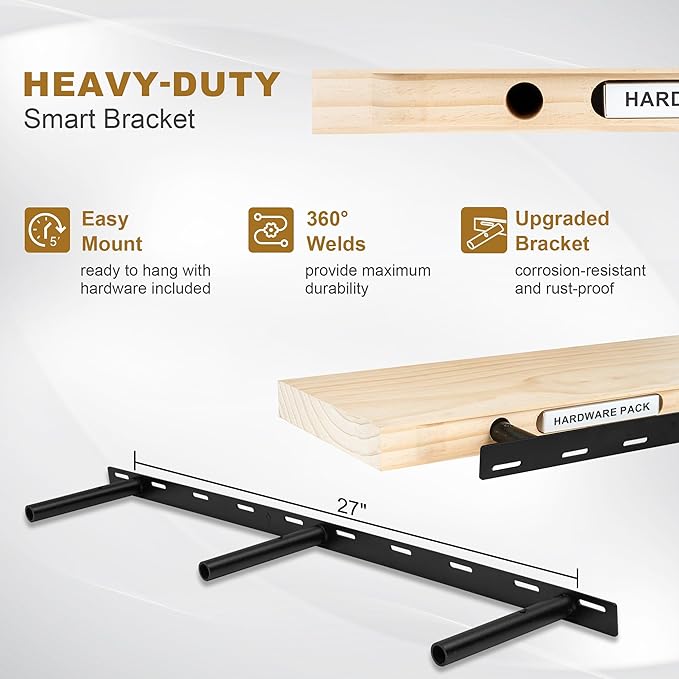 Fun Memories Floating Shelves, 9.3 Inch Deep Solid Pine Wood Wall Shelves for Storage, Wall Mounted Display Shelf with Invisible Heavy-Duty Metal Bracket, 48 Inch Width, Unfinished - DIY Stain