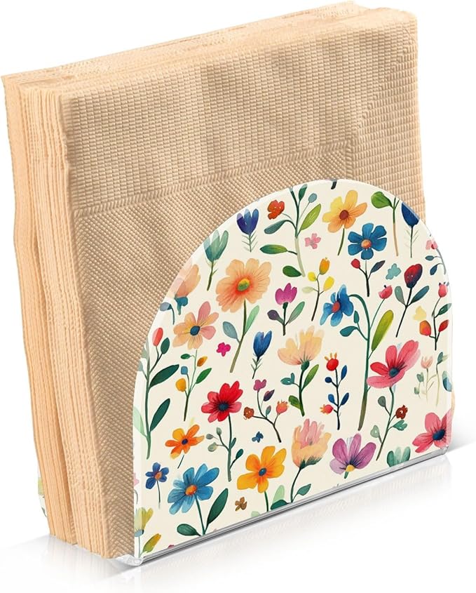 Vintage Colourful Flowers Napkin Holder for Table Paper Cocktail Napkin Holders for Kitchen Dinning Acrylic Dinner Napkin Dispenser for Dinner Home Decor Bar 2 Pack