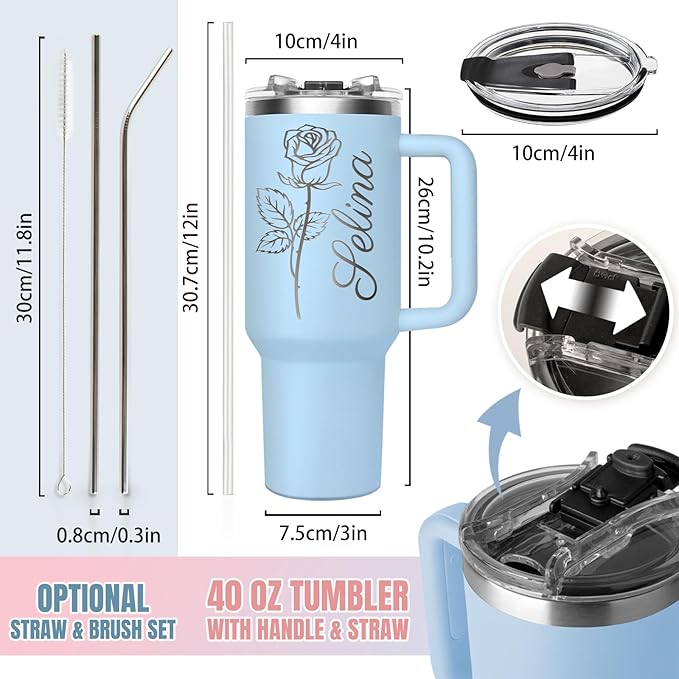 Personalized 40 Oz Tumbler with Handle and Straw Lid, Custom Stainless Steel Water Bottle Travel Mug with Names and Birth Flower, Personalized Mothers Birthday Gifts for Mom Women Men Friend,Christmas