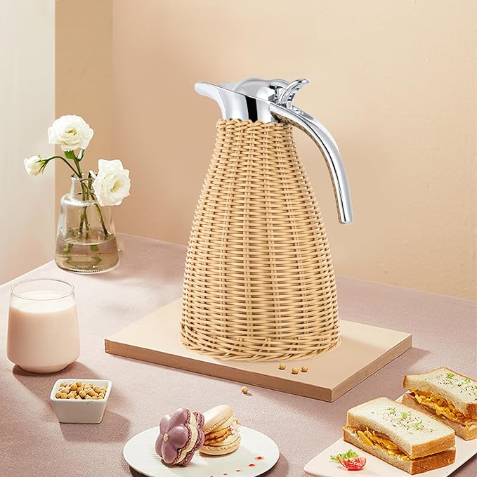 Stainless Steel Coffee Thermal Carafe, 50 Oz/1.5 L Woven Rattan Insulated Coffee Carafe Double Walled Vacuum Insualted 20 Hour Heat Cold Retention (Natural)
