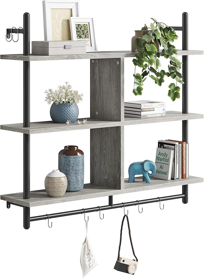 Bestier 41" Floating Kitchen Shelves Wall Mounted 3 Tier Coffee Bar Mug Shelf Hanging with 8 Hooks Display Plant Pipe Shelving for Living Room Kitchen Bathroom Balcony, Retro Grey