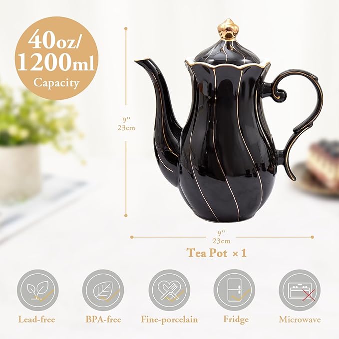 DUJUST British Style Porcelain Teapot (40oz), Luxury Ceramic Teapot with Golden Trim, Food Grade Teapot with Built-in Filter, for Tea Party & Home Décor - Black
