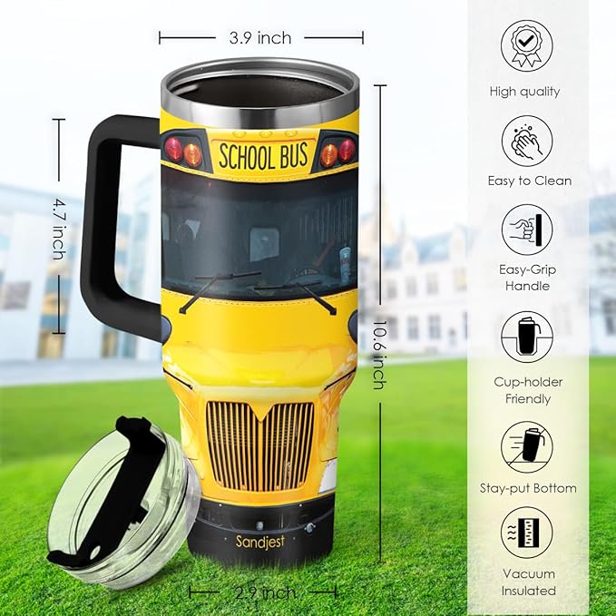 SANDJEST School Bus Driver Gift, 40oz Stainless Steel Insulated Coffee Tumbler With Lid & Straw, Travel Mug Appreciation Gift for Men Women Christmas Birthday Back To School