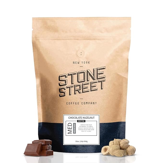 Stone Street Flavored Ground Coffee, Chocolate Hazelnut, Freshly Roasted, 100% Colombian Arabica, Gourmet Coffee, Medium Roast, Sweet Chocolately Nutty Flavor, 1 LB