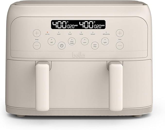 bella 4 Qt TriZone Air Fryer, EverGood™ Ceramic Nonstick Coating, Dual Basket Design w Removable Divider, Digital Touchscreen Control w 6 Preset Cooking Options, 1200 Watt, 3lb Capacity, Oatmilk