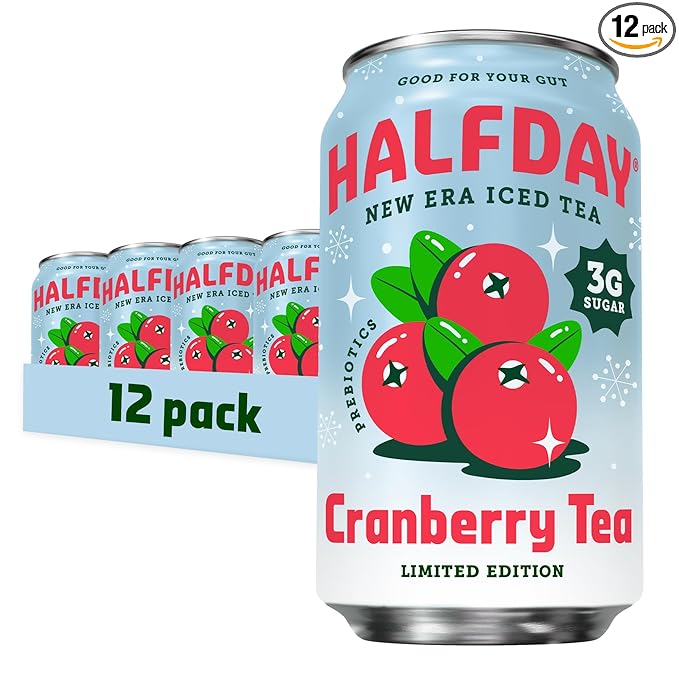 HALFDAY Prebiotic Iced Tea Cranberry, Supports Digestive & Gut Health, Plant Fiber & Prebiotics, 3g Sugar, 35 Calories, Natural Caffeine, Gluten Free, 12 fl oz (12 pack) Packaging May Vary