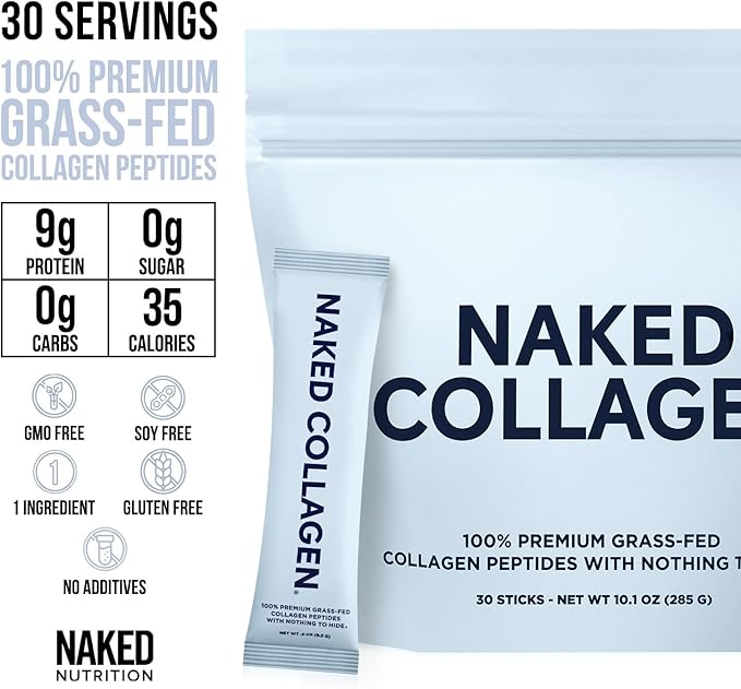 NAKED Collagen Stick Packs - Pasture-Raised, Unflavored Grass-Fed Hydrolyzed Collagen Travel Pack, Paleo Friendly, Non-GMO, Keto, Gluten Free, 30 Sachets
