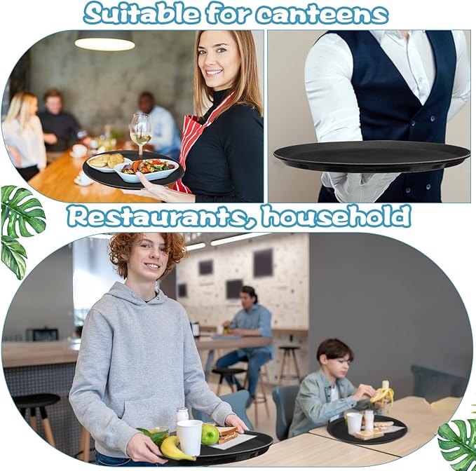 Lallisa 8 Pcs 16'' Large Restaurant Serving Trays with Rubber Lined Plastic Non Slip Tray Non Skid Round Serving Platter Server Tray for Bar Drink, Cafeteria Food, Coffee, Table, Hotel, Party, Black
