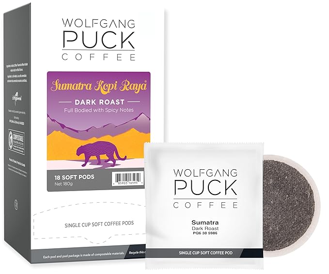Wolfgang Puck Coffee, Sumatra Kopi Raya, 9.5 Gram Soft Pod, 18 Count (Pack of 6)