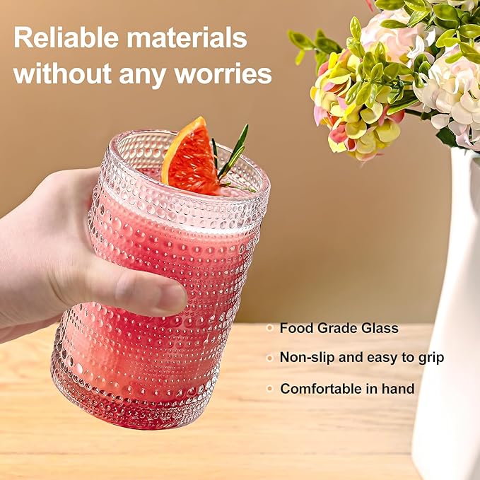 Vintage Glassware Drinking Glasses Set of 6,15 oz Hobnail Glass Cups,Embossed Clear Water Tumbler,for Beer,Cocktail,Whiskey,Juice and Various Mixed Drinks- 1 Cleaning Brush