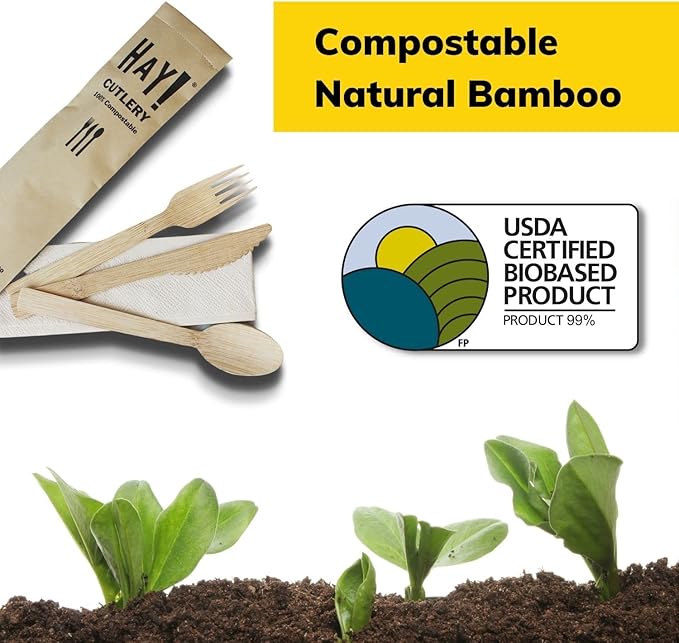HAY! Bamboo Forks | 250 ct Unwrapped Forks | Biodegradable Utensils | Compostable & Plastic-Free | Heavy-duty Fork | For To-Go Meals or Events | Wooden Fork