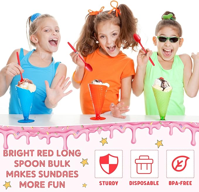 100 Pcs Extra Long Spoons for Ice Cream Floats Plastic Sundae Spoons Bulk 8 Inch Long Handle Spoon Heavy Duty for Ice Cream Milkshakes Tea Cocktails Root Beer Float and Tall Beverages (Red)