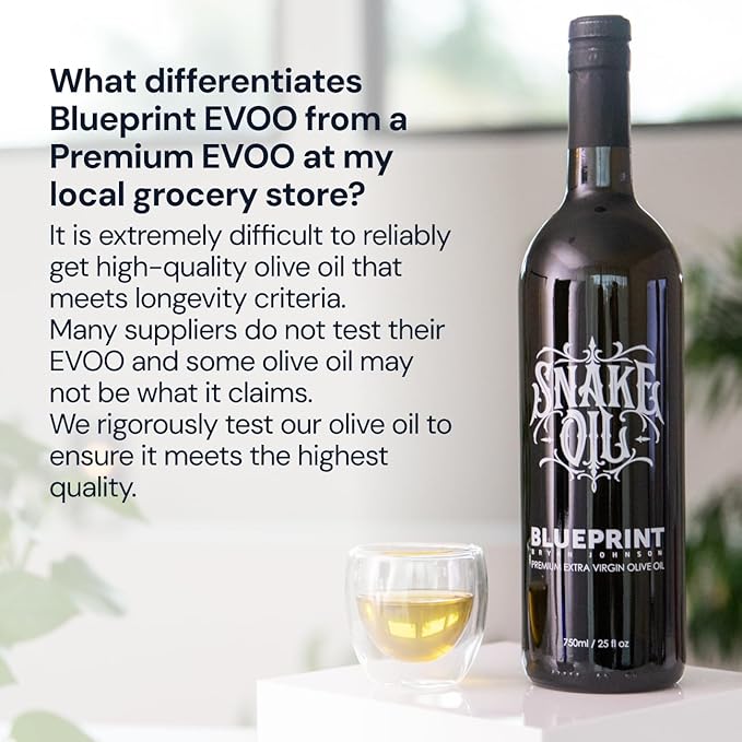 Blueprint by Bryan Johnson Olive Oil – Snake Oil- High Polyphenol Extra Virgin Olive Oil (400+ mg/kg) – Cold Pressed, Early Harvest, First Cold Press EVOO – Keto, Paleo, Non-GMO – 2 Pack - 750ml Glass Bottle
